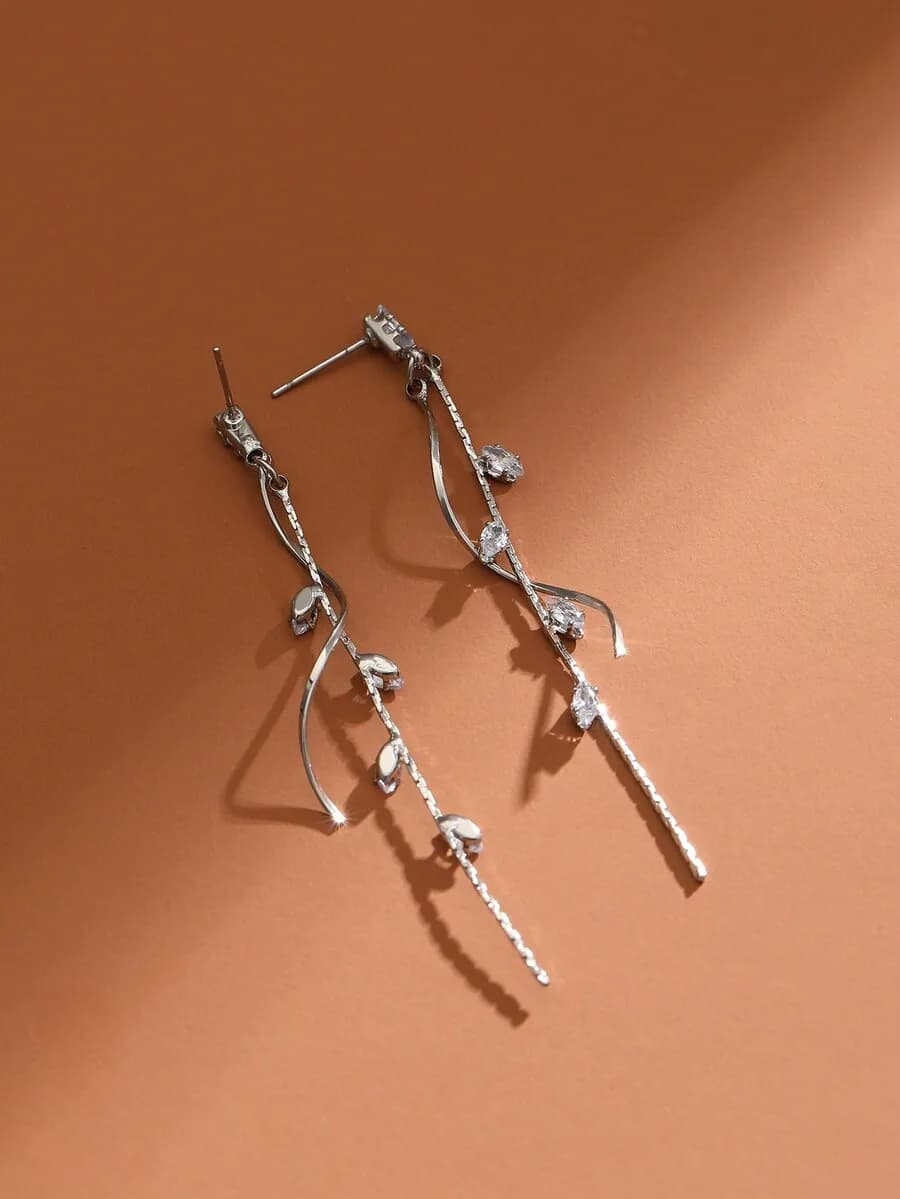 Minimalist Leaf Branch Drop Earrings With Crystal Stones For Women