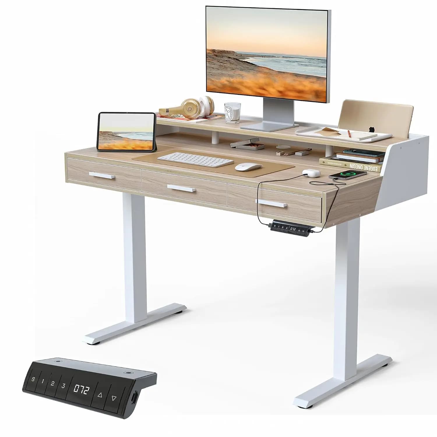 Ground desk with drawers, 48x24 inch desk with adjustable height, standing with monitor shelf, seat, customized