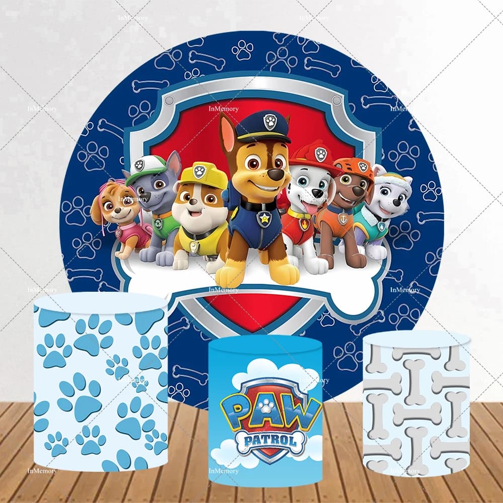 Boys Paw Patrol Birthday Party Round Backdrop Cover Dogs Marshall Rubble Chase Everst Sky Blue Clouds Cylinder Covers Customized