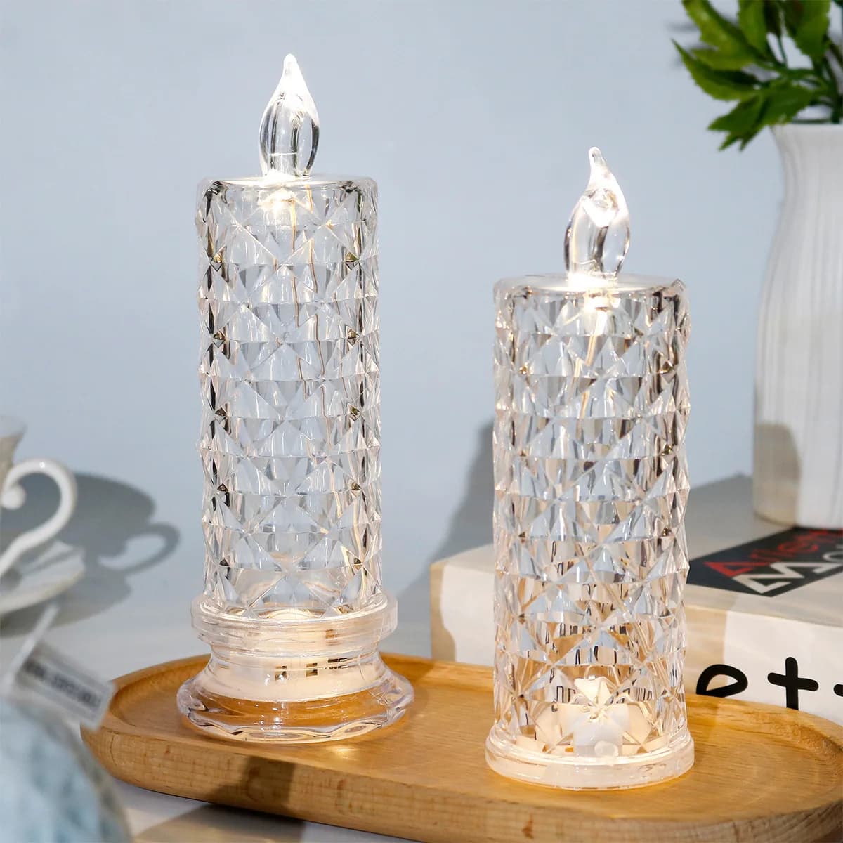Coppia 18-15.5 cm Lampada da tavolo in cristallo falso Romantico LED Rosa Diamante Pilastro Candela Lampada da finestra fai da te Cera per atmosfera portatile per Natale