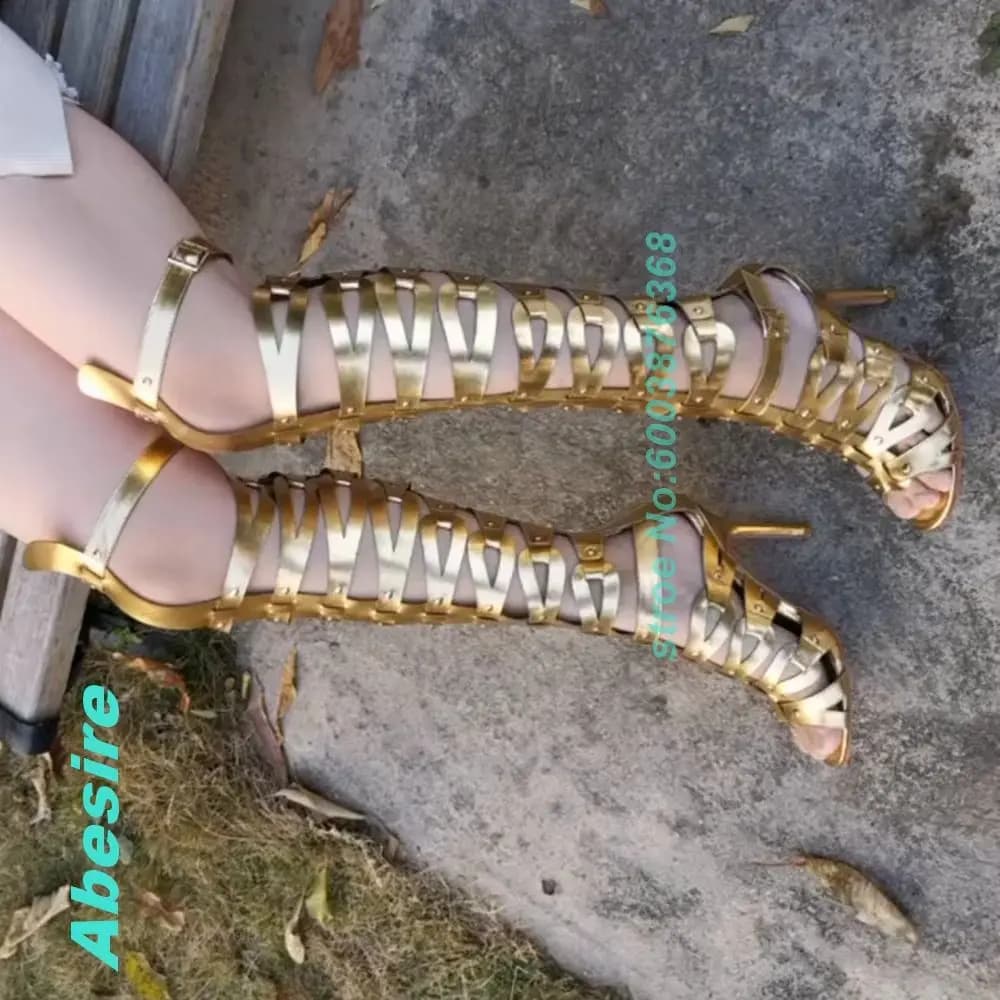 Nuovi Stivali Sandalo con Rivetti Dorati e Patchwork, Scarpe con Tacco Sottile e Punta Aperta, Chiusura Posteriore con Zip, Stile Street per Ragazze Audaci