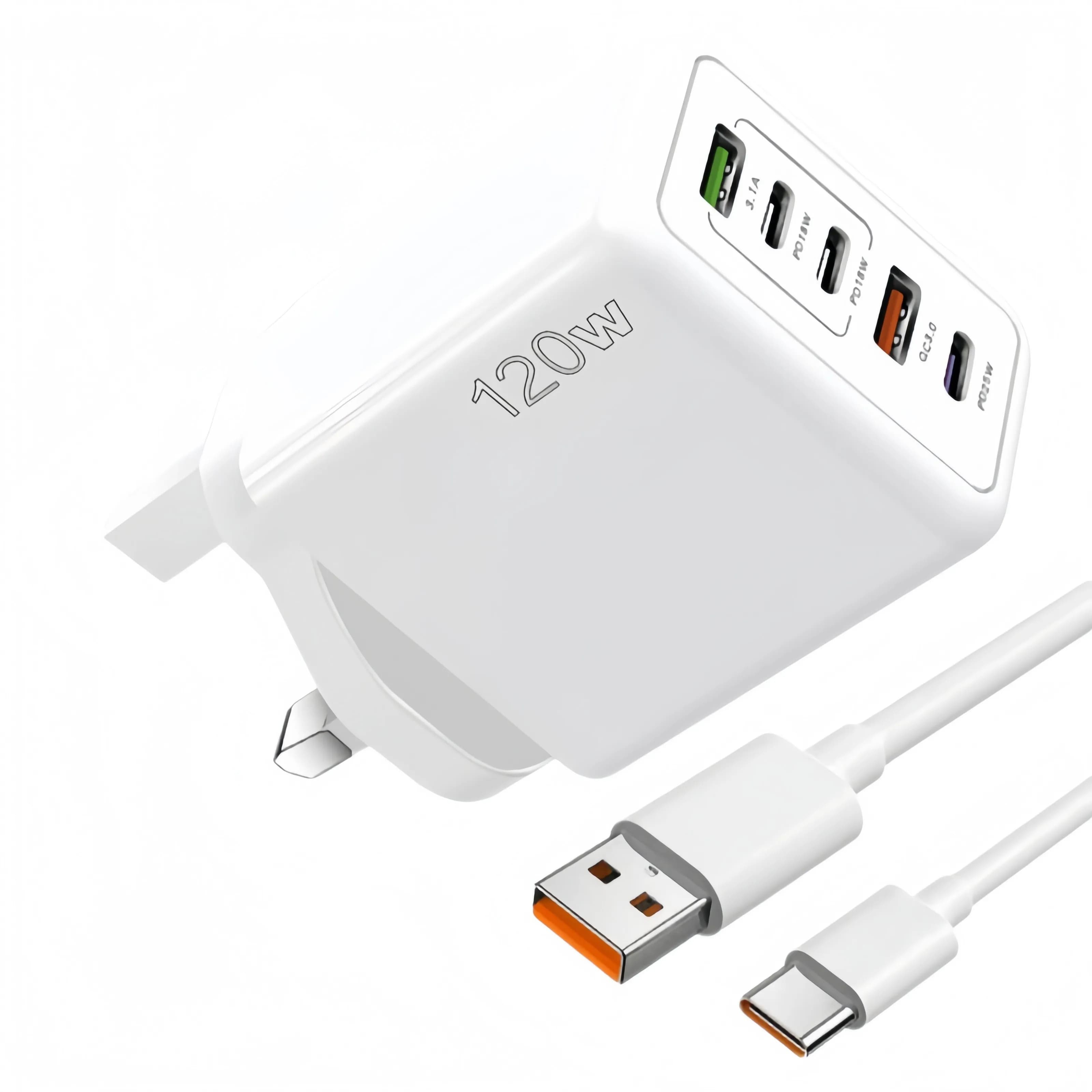 120W 5‑Port Multi USB C Fast Wall Charger UK Plug + Type‑C Cable PD20W QC3.0 Travel Charging Adapter For iPhone Samsung Xiaomi