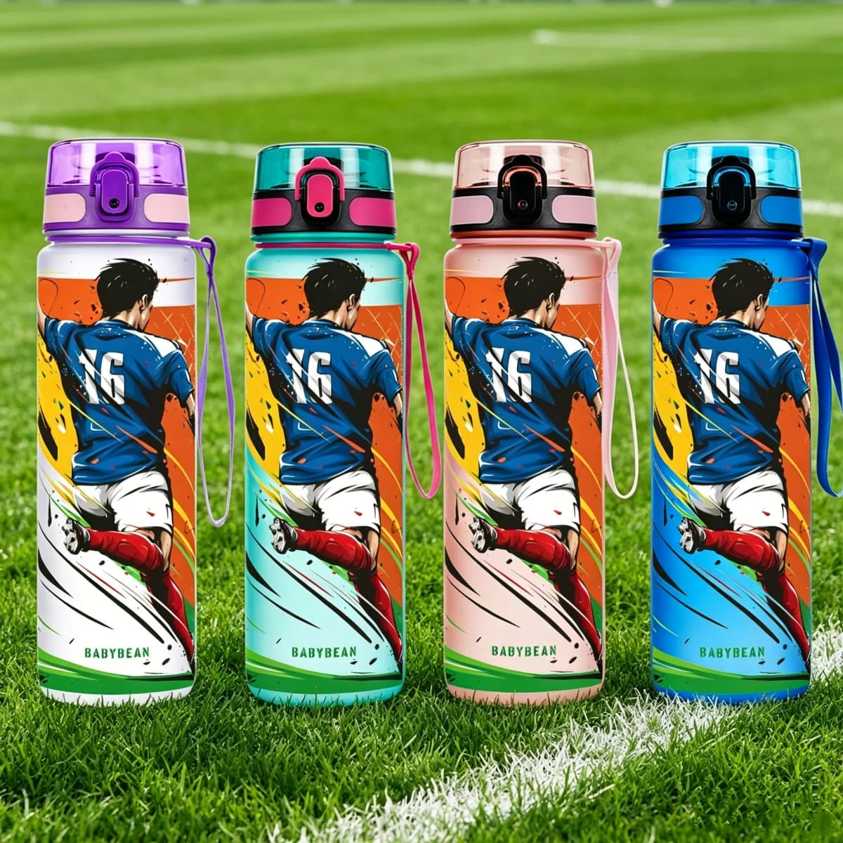 Cartoon Football Player Sports Water Bottle 750ml Flip Top Leakproof Cup With Strap Kids Student Gym Running Soccer Fan Birthday