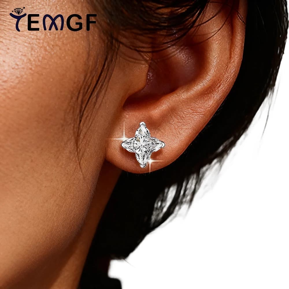 TEMGF Orecchini Moissanite irregolari a quattro angoli da 6 mm per le donne Orecchini a bottone in argento S925 Compleanno Orecchio lucido Gioielleria raffinata Certificato