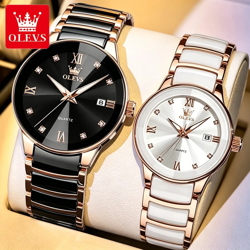 OLEVS Orologi da coppia Orologio da polso al quarzo in acciaio e ceramica di lusso, impermeabile, luminoso, per uomo e donna, con confezione regalo squisita