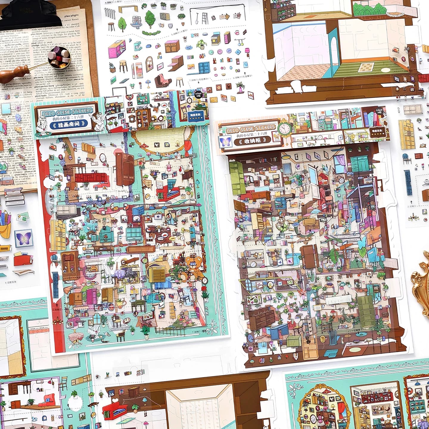 4 Sheets Cute Miniature Painting Room Scene Stickers 3D DIY Diorama for Junk Journal Scrapbooking & Stationery Supplies