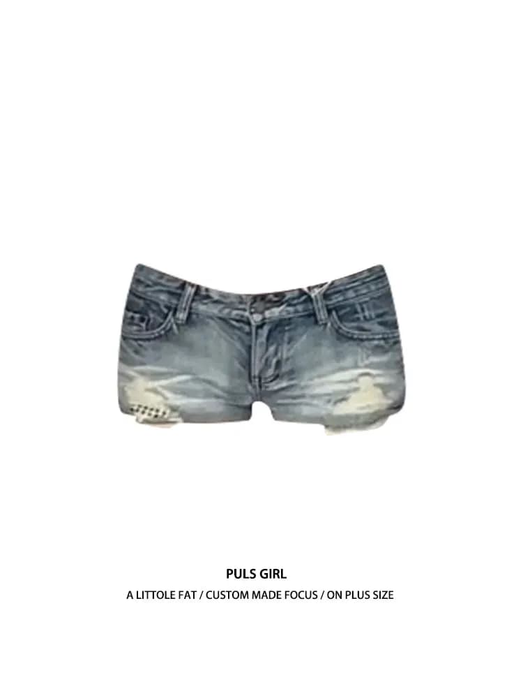 Shorts in denim a vita bassa stile americano distressed, da donna, estivi, nuovi, alla moda, effetto slavato, hot pants trendy, jeans taglie forti