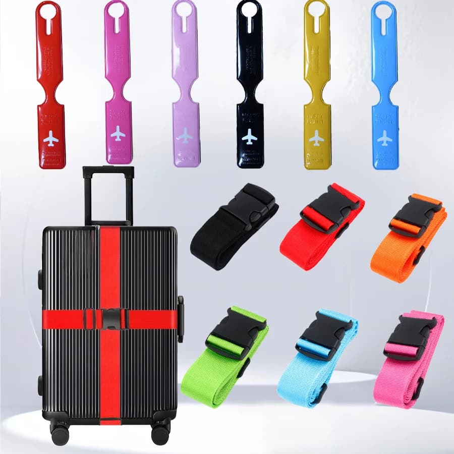 Set of 4 pieces of luggage belts + luggage labels, extra 2 m long nylon packing straps, anti-open luggage belts, airline identification labels, business travel accessories, suitable for travellers/students/commercials, anti-open luggage accessories.