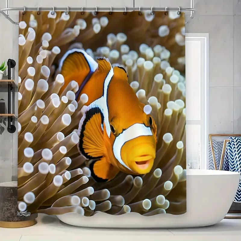Tenda da doccia con stampa di pesci d'acquario, decorazione per il bagno impermeabile, tappetino da bagno moderno con pesci pagliaccio, cartoni animati, con ganci, colori arancione bianco Se