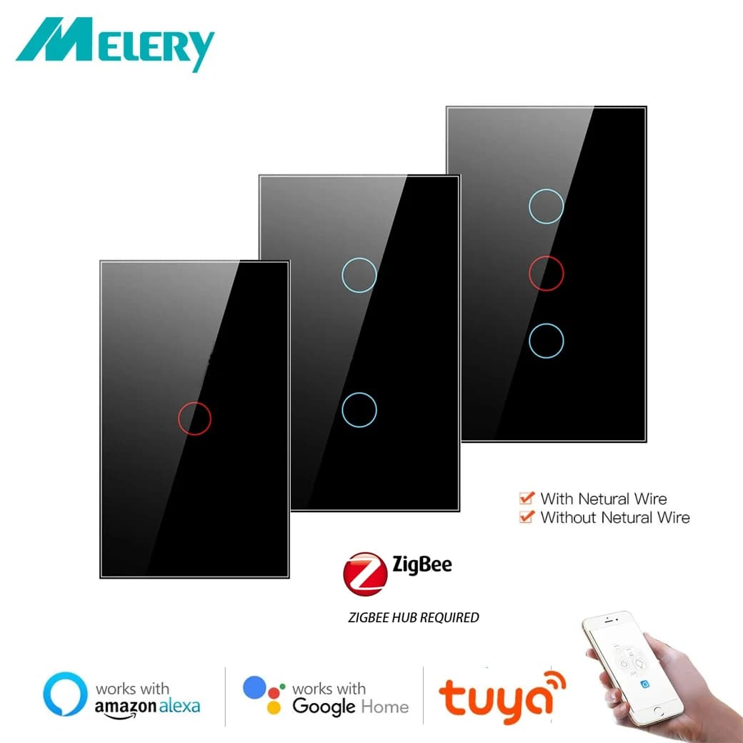 Melery Zigbee Smart Light Switch with/without neutral wire Wall tactile sensor Glass panel Voice remote from Tuya Alexa Google Home