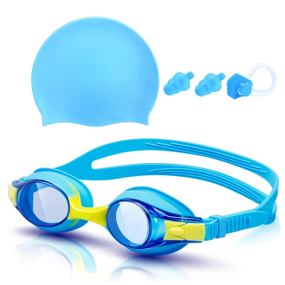 Children's swimming goggles and swim caps in Silicone with ear plugs with nose clip, waterproof UV protection without leakage for boys' girls