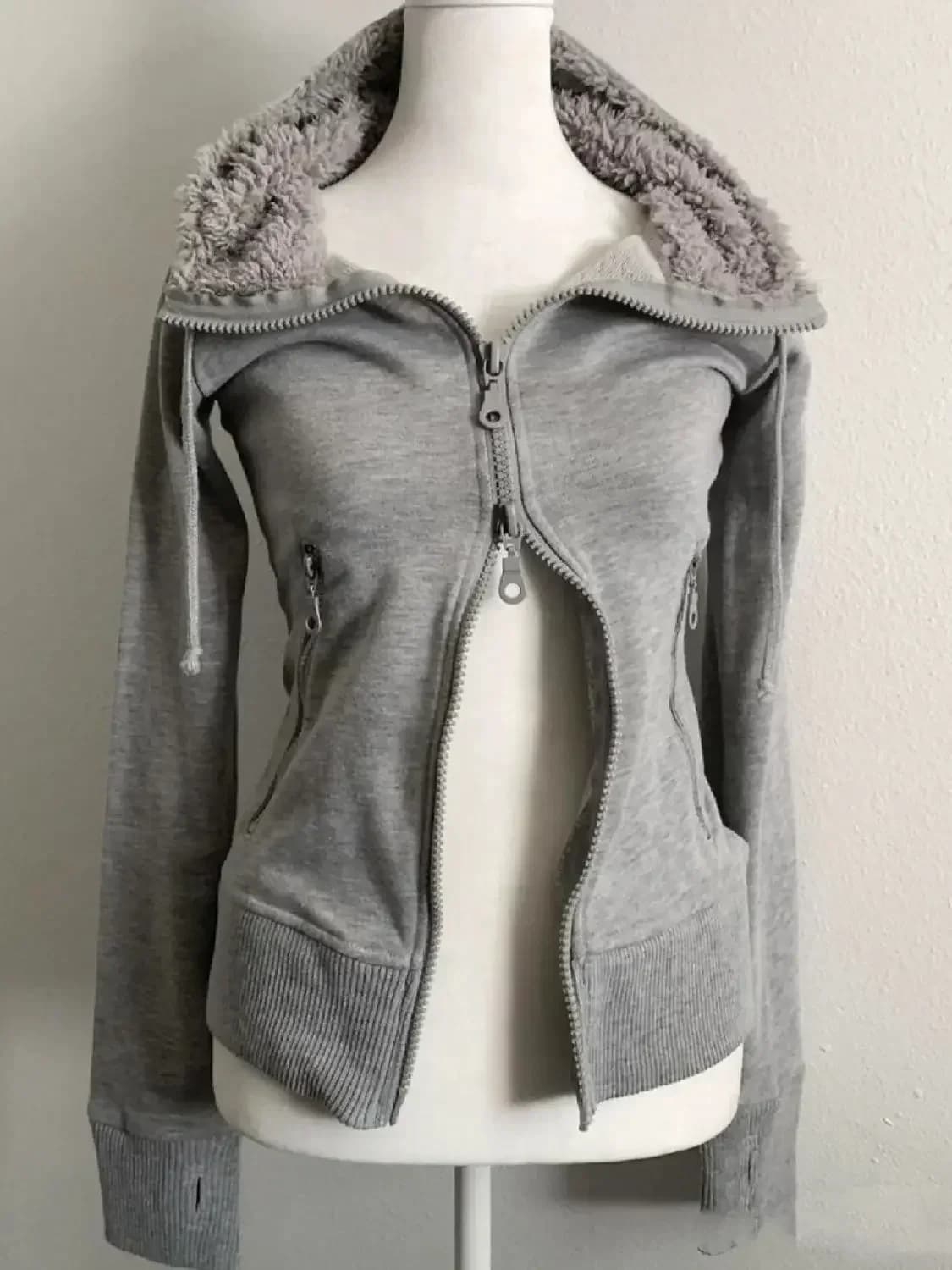 Y2k Grey Retro Wool Double Zipper Design Vintage Hooded Sweatshirt Cardigan Women Spring And Autumn Waist Closure Sweatshirt