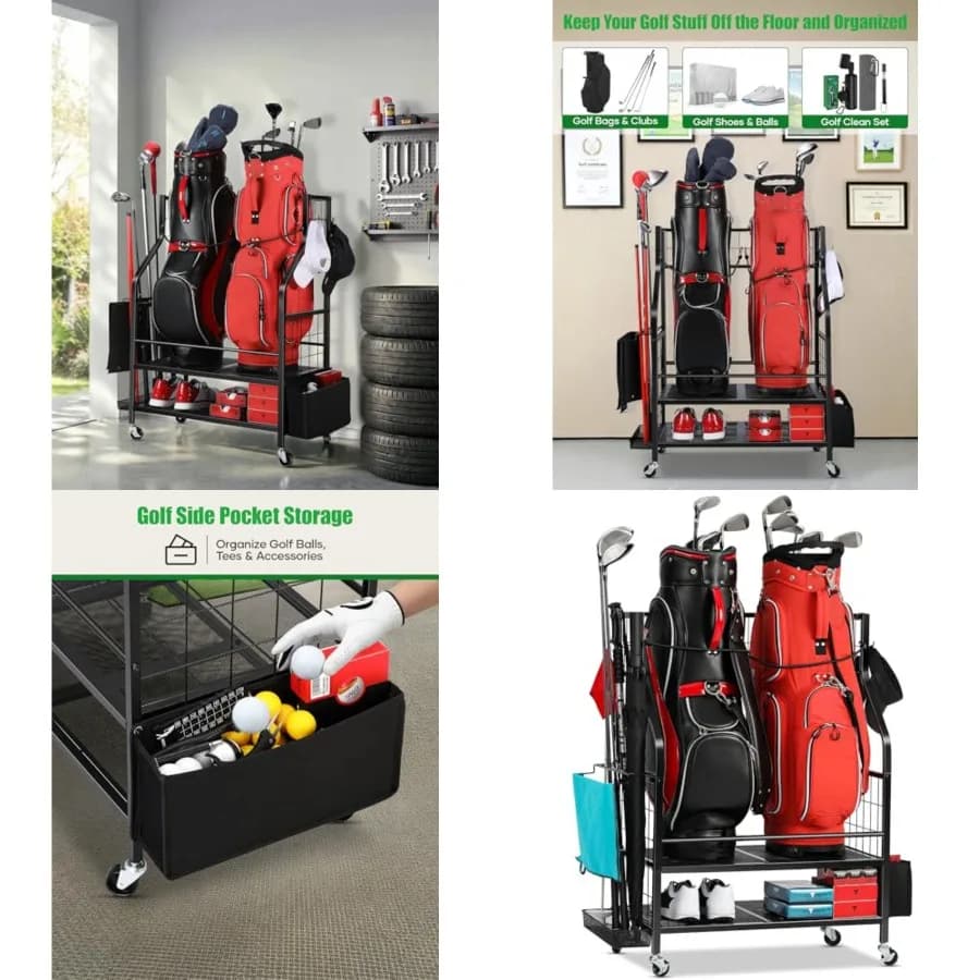 Organizzatore da Garage per Sacche da Golf - Supporto per 2 Sacche, Mazze Extra, Palline, Scarpe e Accessori per Attrezzatura da Golf