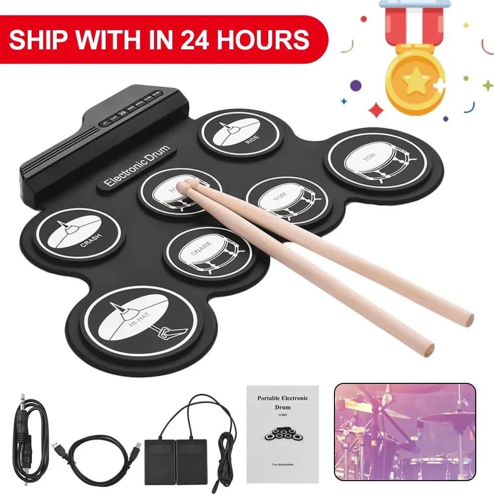 Tamburi musicali pieghevoli rotolo a mano tamburo elettronico in silicone USB Kit di tamburi per pratica portatile Kit da 7 Pad con bacchette pedale di sostegno