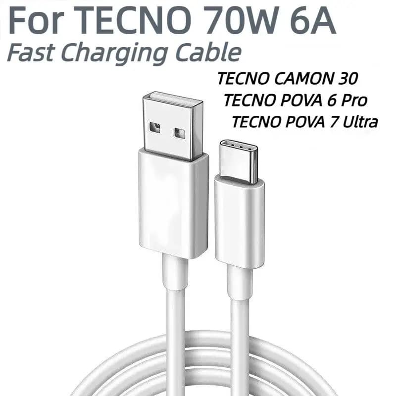 70W Fast Charging Cable for TECNO POVA 6 Pro/7 Ultra and TECNO CAMON 30 Series. USB Type-C interface, supports 6A high current