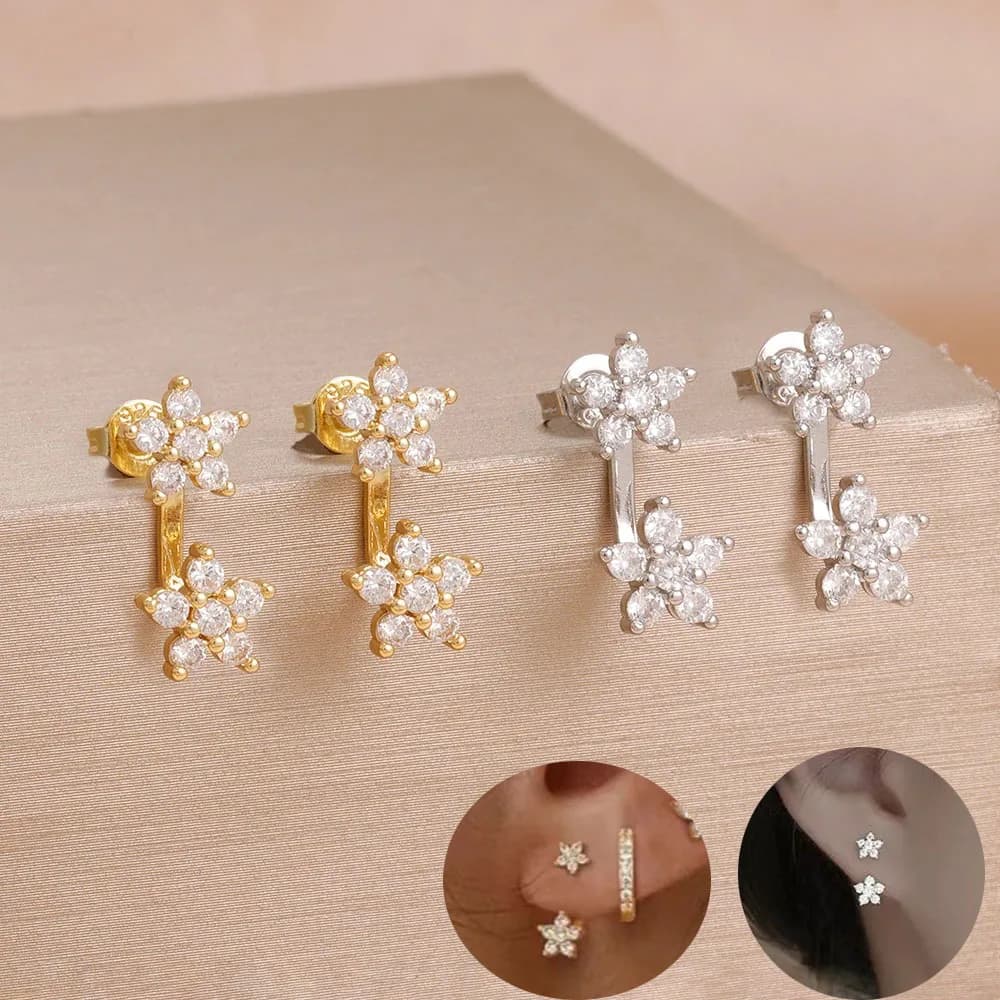 Orecchini pendenti con doppio fiore dal design francese per le donne Orecchini con gioielli penetranti unici in cristallo di acciaio inossidabile per cartilagine