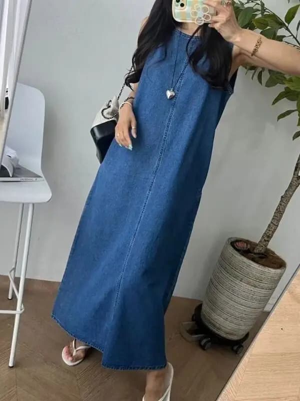 Anti-Aging Silk Blend Midi Dress Women Summer Thin Strap Ice Silk Dress Slimming High Waist A-Line Skirt City Walk