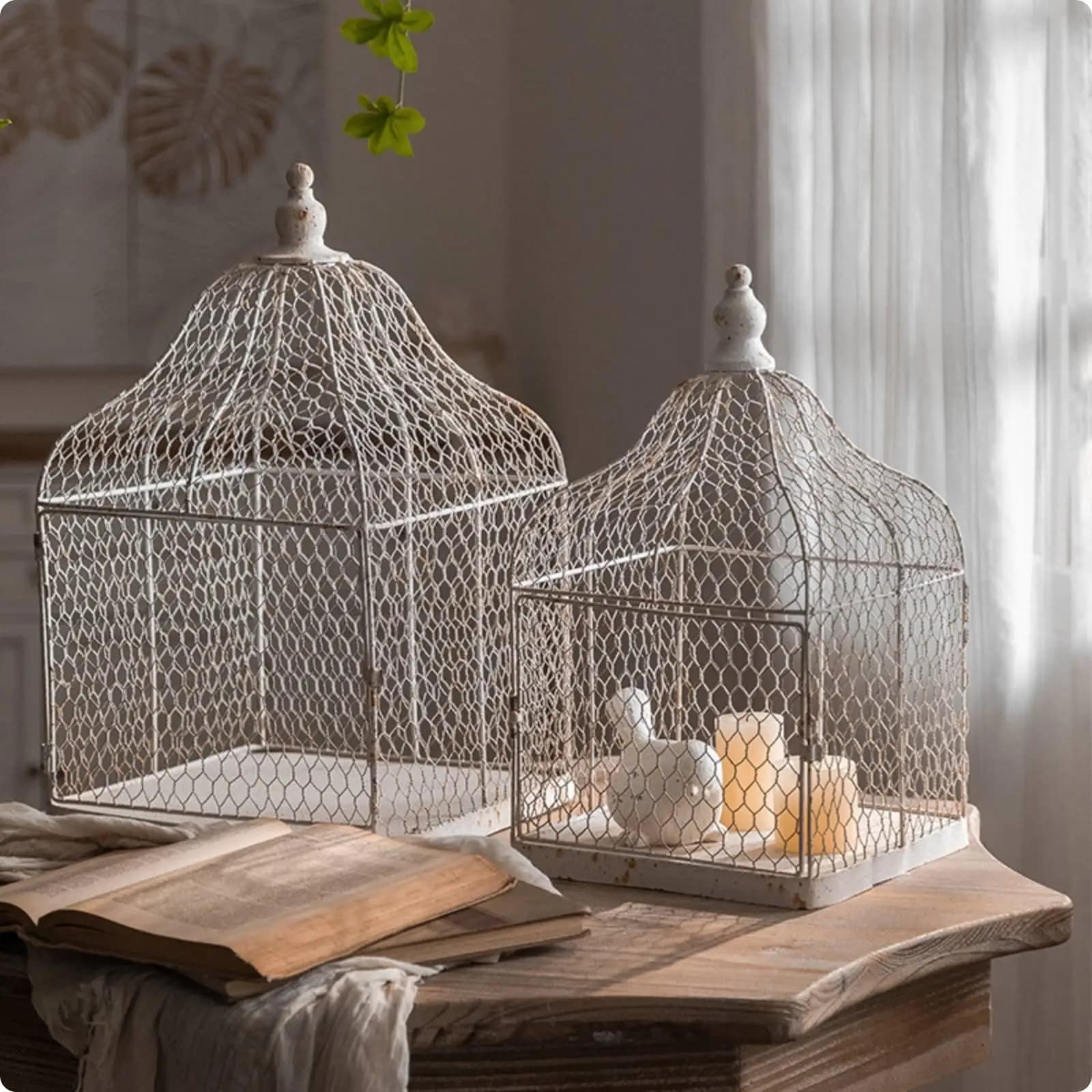 2 Pieces Vintage Avian Enclosure Candle Holder Antiqued Finish Rustic Metal