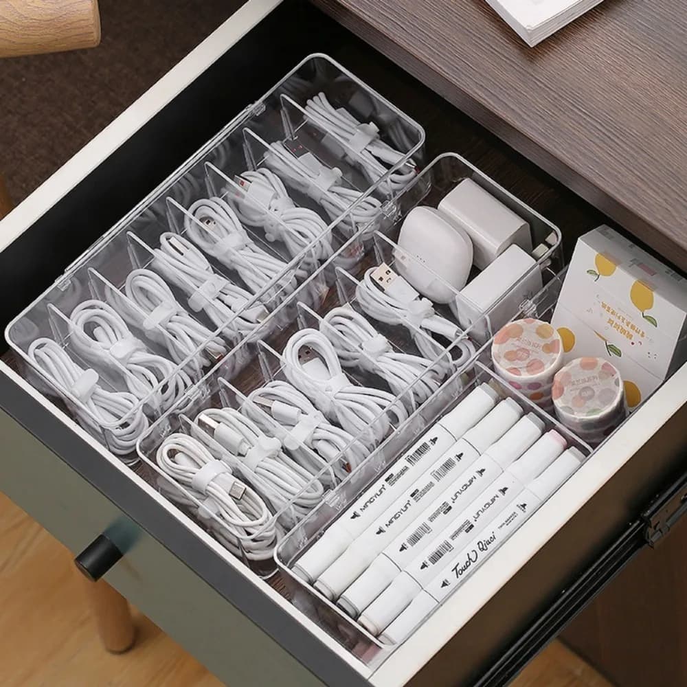 Organizzatore di Cavi Multifunzionale, Scatola Trasparente con Fascette per Caricatori, Auricolari, Organizzatore Salvaspazio per Cassetti Scrivania
