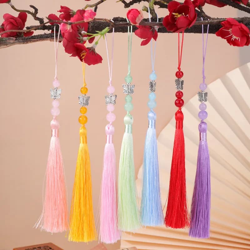 Handmade Tibetan Style Tassel Pendant Silver Plated Butterfly Beaded Charm Cotton Cord Hanging Ornament for Bag Fan Clothing Car