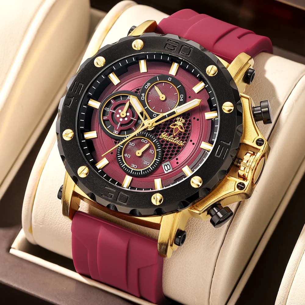YaLaLuSi Big Dial Two Tone Gold Black Men Chronograph Watch Burgundy Red Silicone Strap Multi Sub Dial Date Waterproof Sports Quartz Wristwatch For Racing Outdoortwatch Male Gift Clock