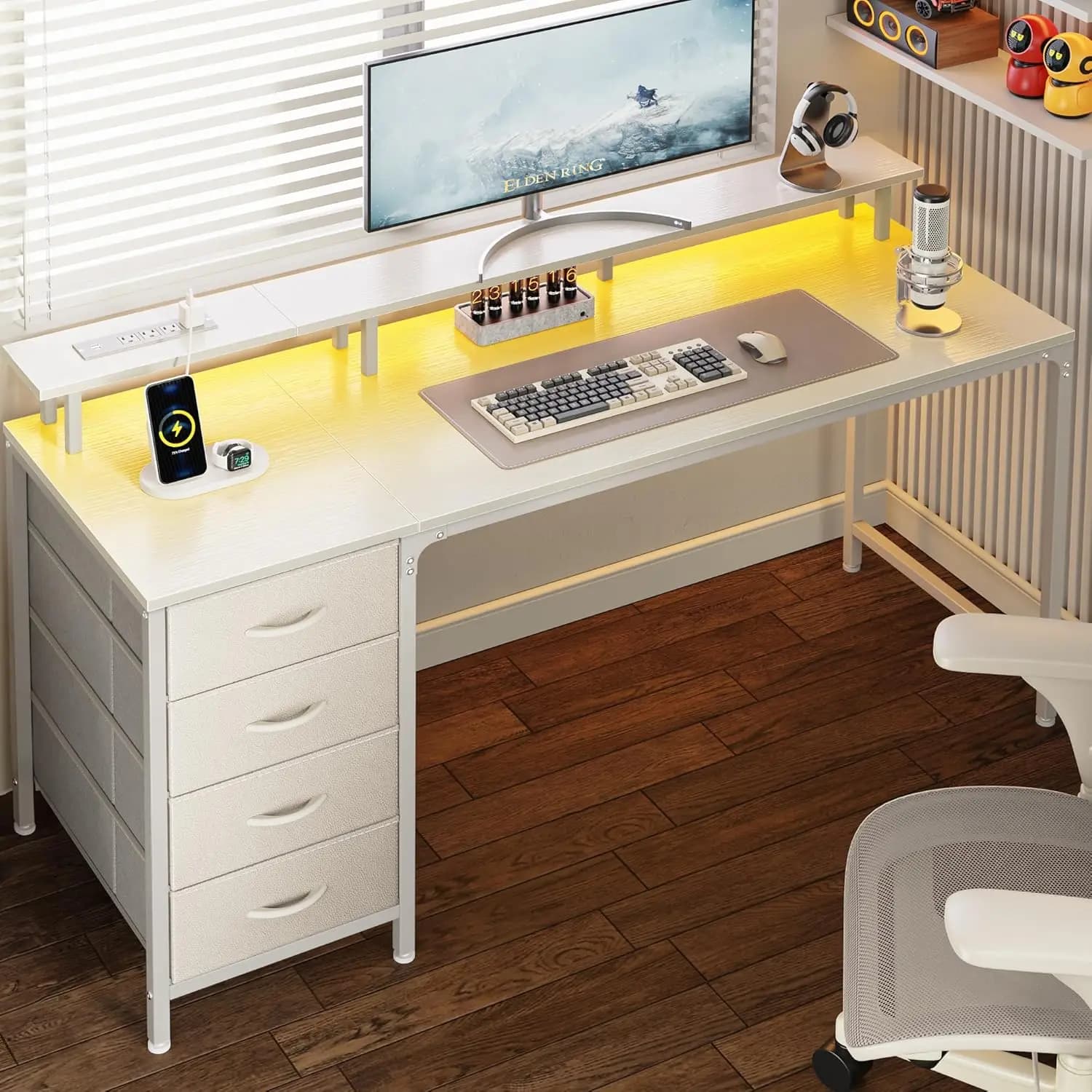 White 55-Inch Gaming Computer Desk with 4 Drawers, Power Outlets, LED Lights, and Monitor Stand for Home Office Study Work
