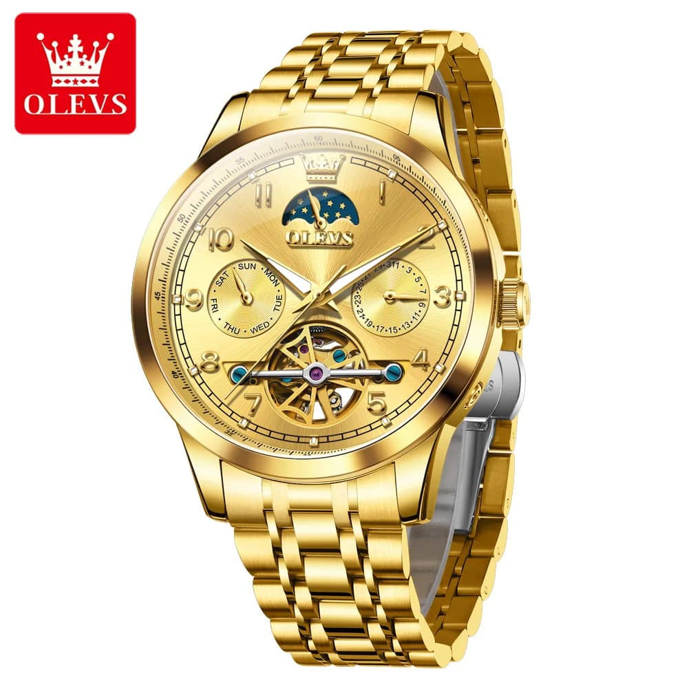 OLEVS Orologi da uomo Top Brand di lusso Orologio da polso meccanico automatico originale per uomo Fasi lunari Data Settimana Volano impermeabile