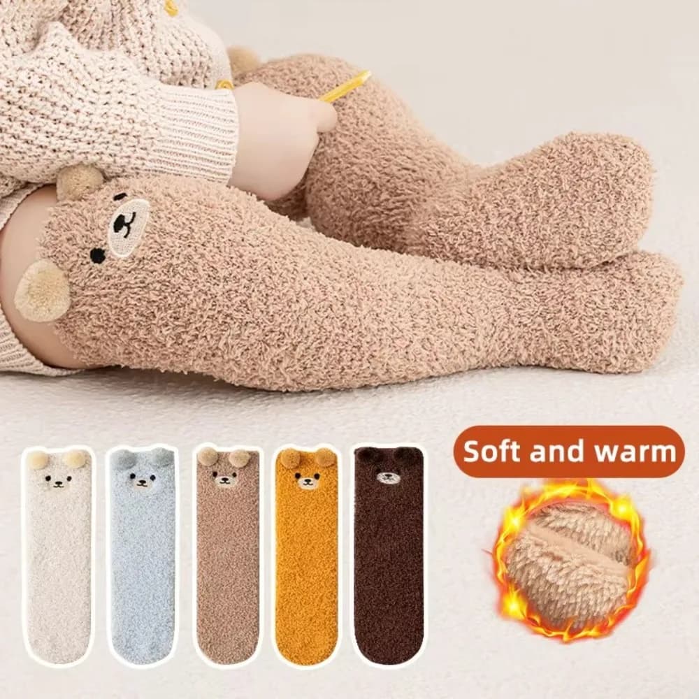 Calzini Calzini per bambini con design a forma di orso cartone animato Calzini per neonati caldi e addensati Protezione per il ginocchio Calzini in velluto corallo per bambini da 0 a 5 anni
