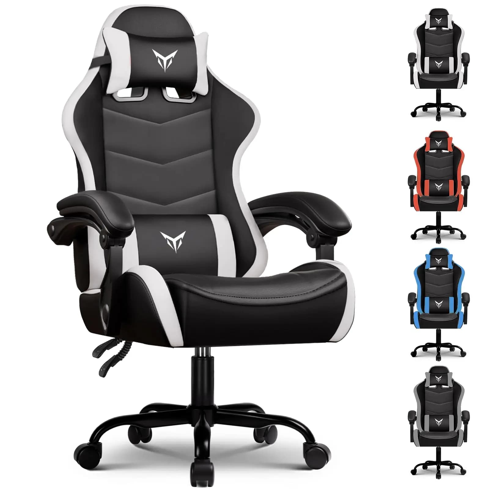 Sedia da gaming ergonomica con poggiatesta e supporto lombare, stile racing, schienale alto imbottito, sedia da ufficio per adulti
