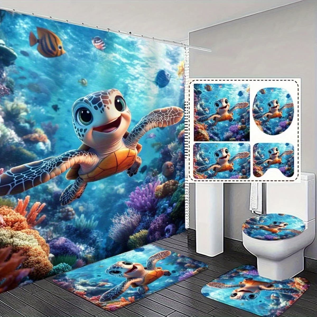 Set 4 Pezzi Tenda Doccia 2D Colorata Tema Oceano con Tappetino Antiscivolo e Copriwater per un Elegante Arredo Bagno - Idea Regalo