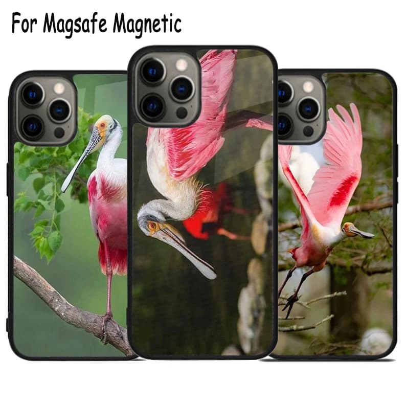 Cover per telefono con ricarica wireless Pink Spoolbill Bird per iPhone 17 Air 15 16 16e 14 13 11 12 Pro Max Plus, Cover Magnetica Magsafe