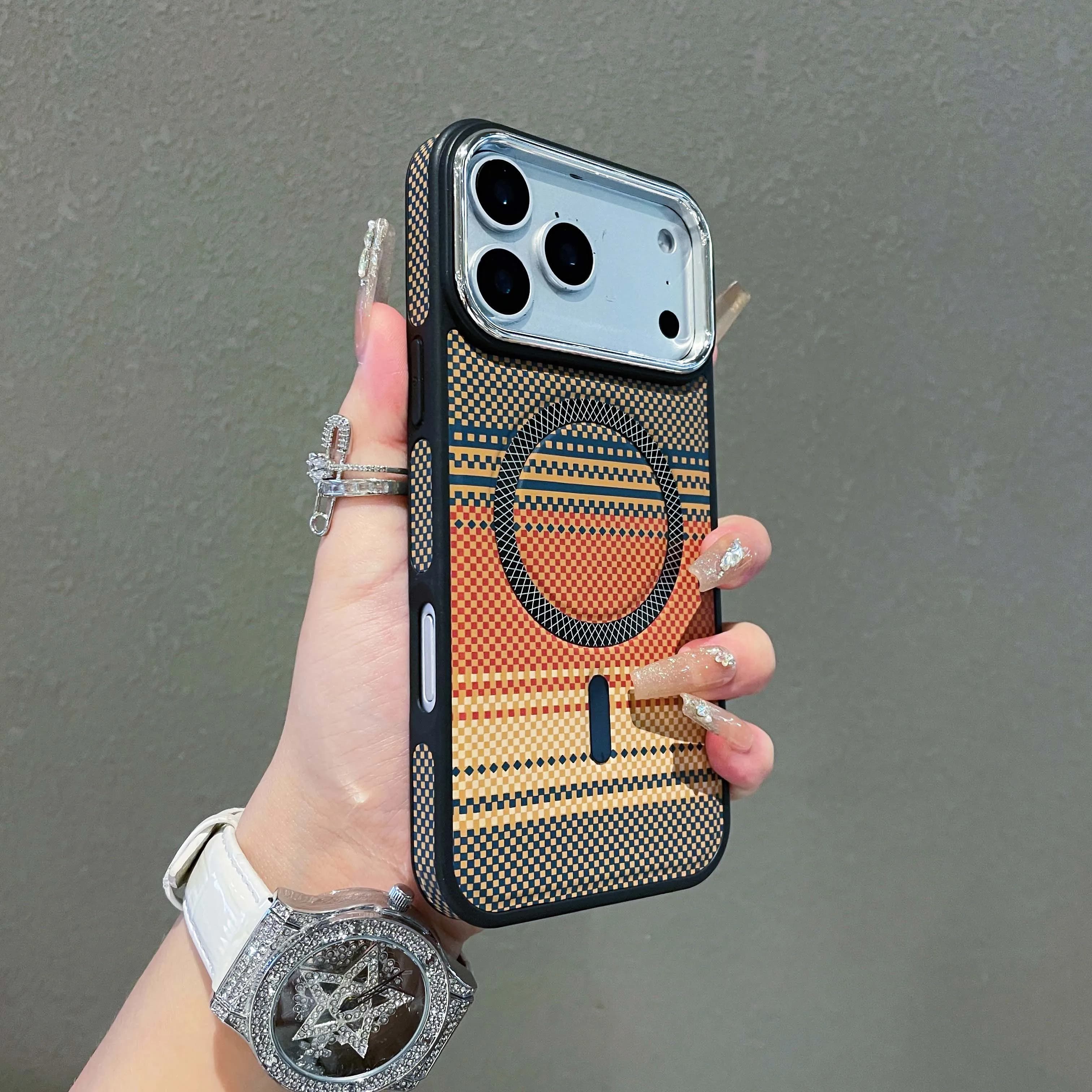 Carbon Fiber Striped Magnetic Charging Phone Case For Magsafe iPhone 17 Air 16 15 14 13 12 11 Pro Max Shockproof Colorful Cover
