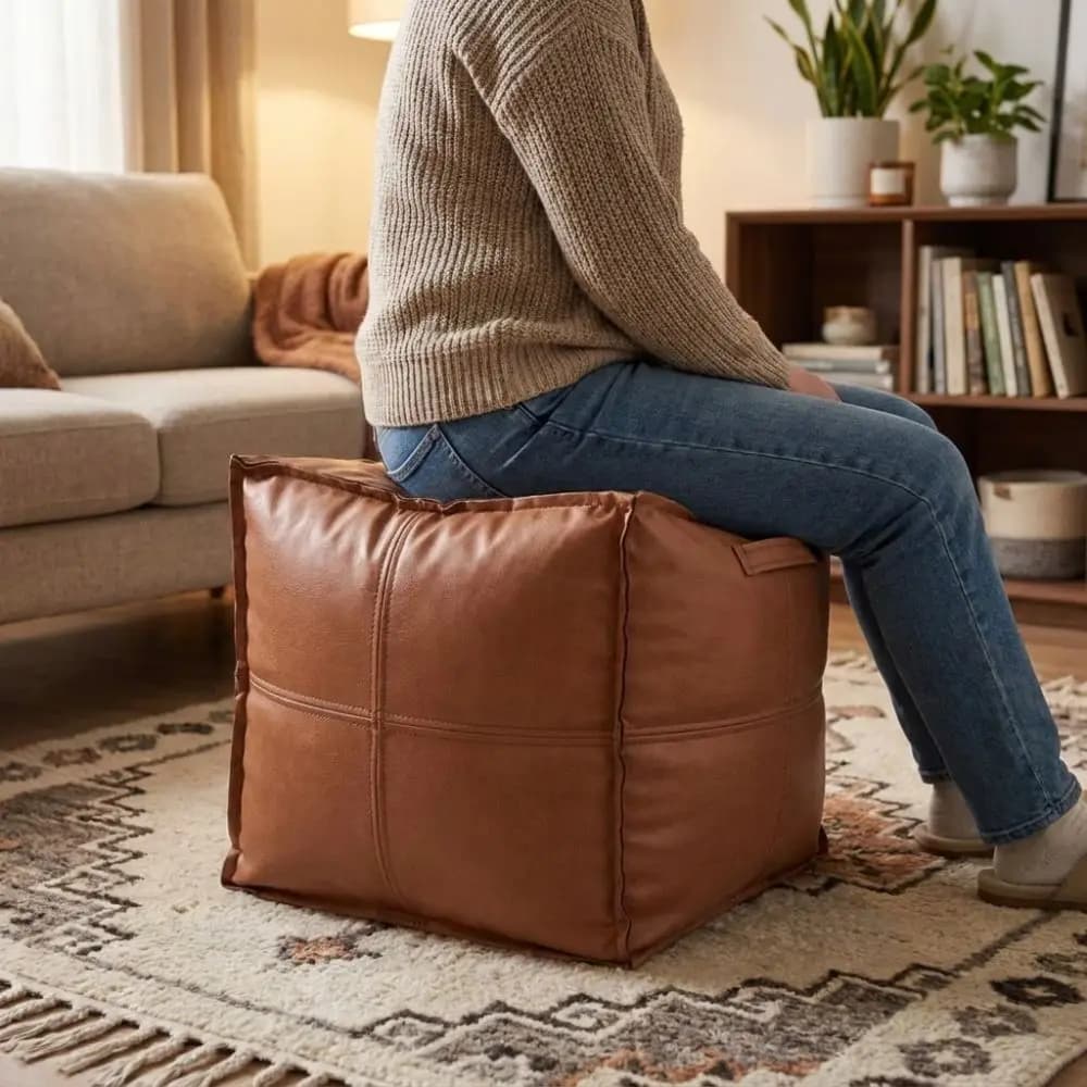 PU Leather Square Pouf Cover Unstuffed Removable Sofa Footstool Cover Waterproof Large Capacity Ottoman Cover Meditation