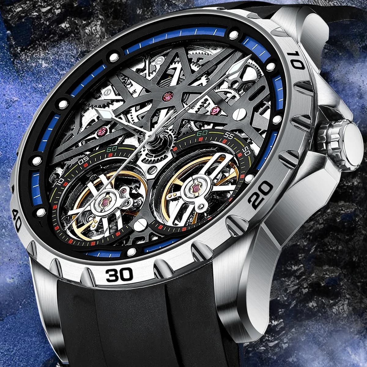 Mark Fairwhale Men's Watches Waterproof Hollow Luxury Double Flywheel Rubber Band Fully Automatic Mechanical Watch for Men