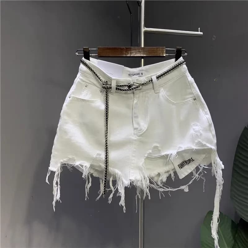 2026 New Korean White Raw Irregular Denim Skirt Women's Anti-Walk Naked Hole Pocket Exposed Short Skirt