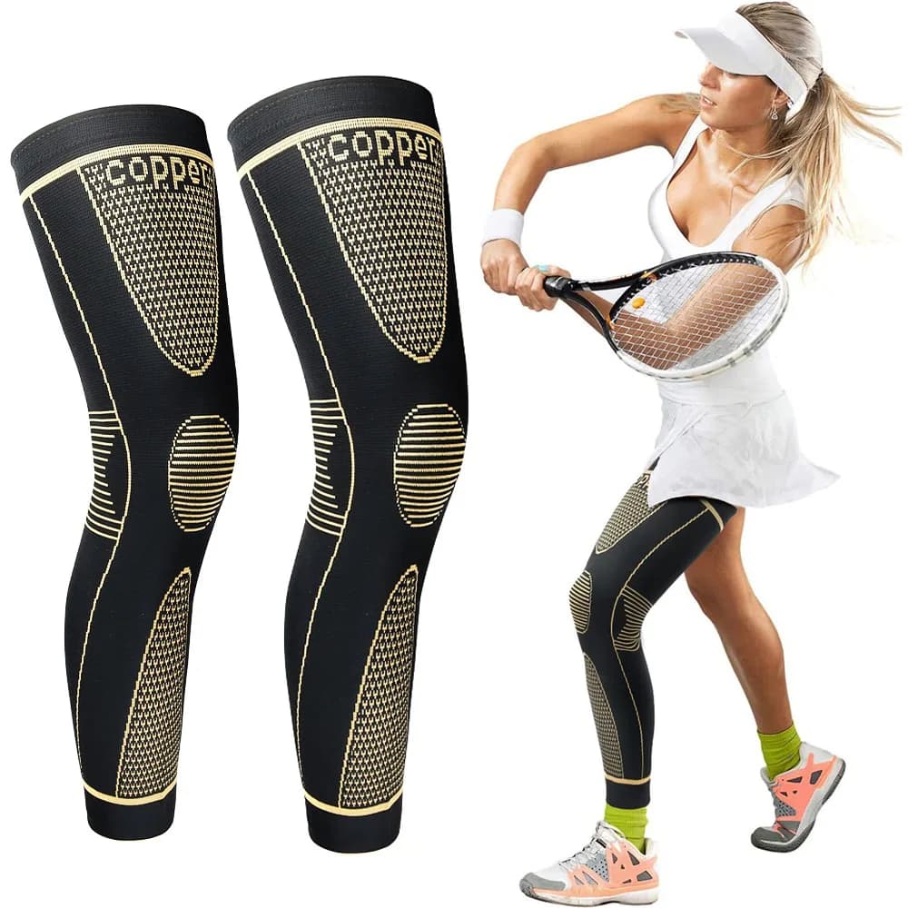 Manicotti a compressione lunghi in rame per tutta la gamba, supporto per ginocchio, protezione per uomo e donna, per basket, ciclismo, sport, calcio, palestra