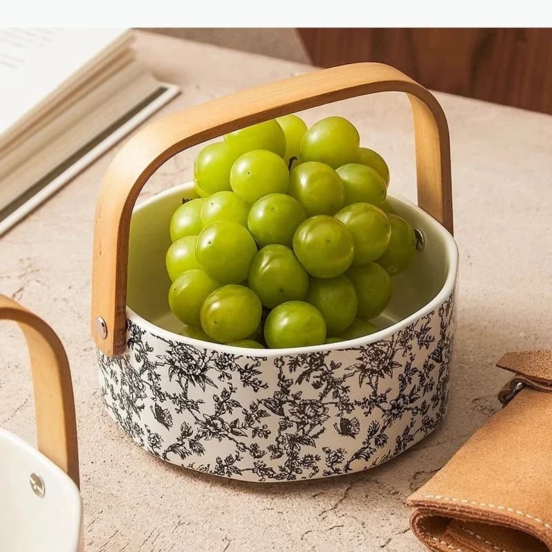 and Wood Handle Straight Fruit Plate Retro Dried Fruit Plate Bread Snack Plate Specialty Ceramic Tableware