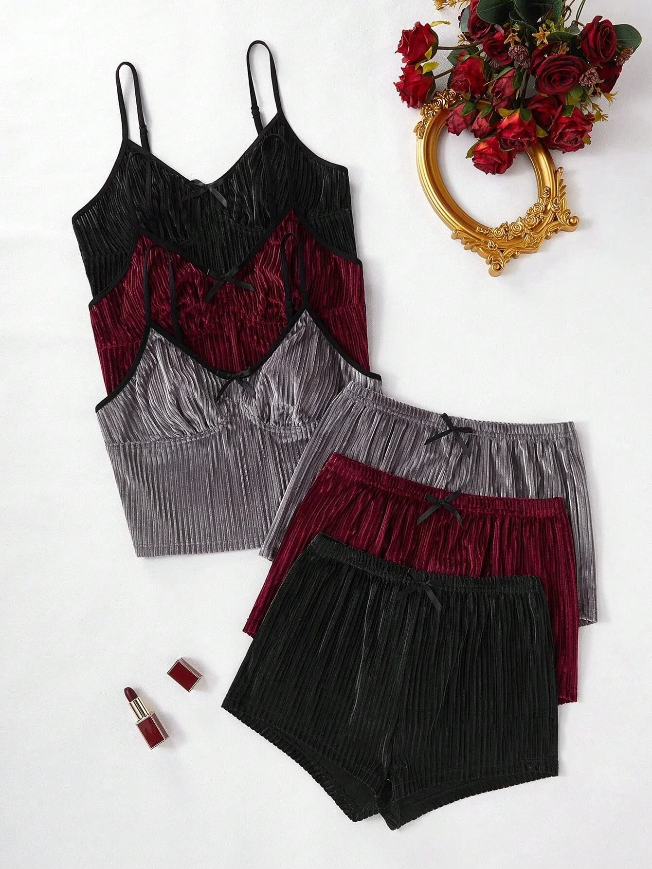 Set di 6 pezzi in velluto tinta unita, top e pantaloncini, pigiama comodo da donna