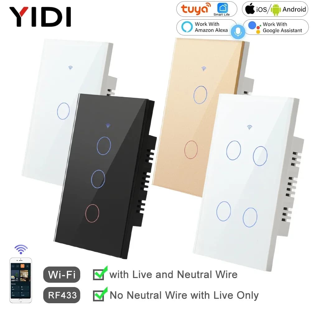 2 vie Smart RF433 telecomando applique da parete interruttore tattile luce in vetro WiFi Tuya Smart Life US USA bianco nero oro Alexa ON OFF