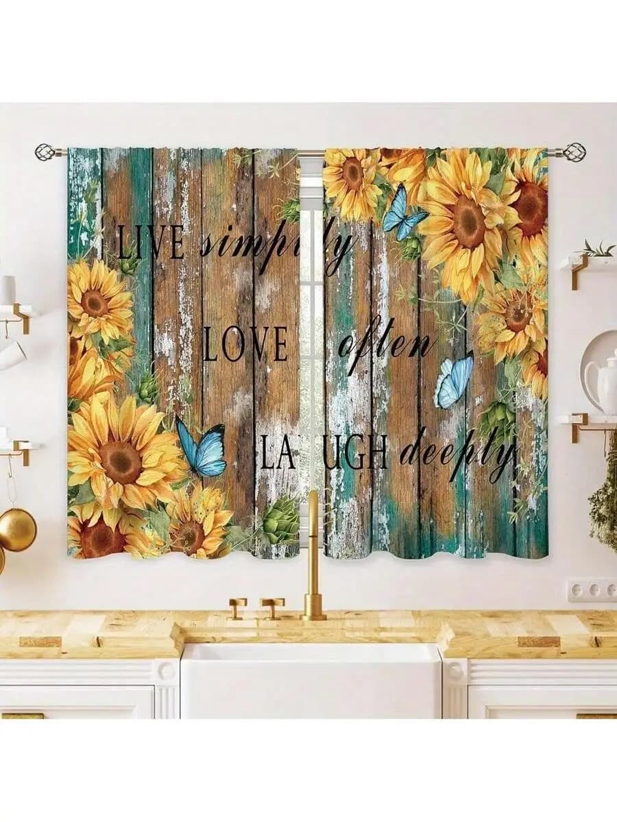 2 Panel 28x40 Inch Teal Rustic Sunflower Kitchen Curtains Farmhouse Style Decorative Tier Drapes