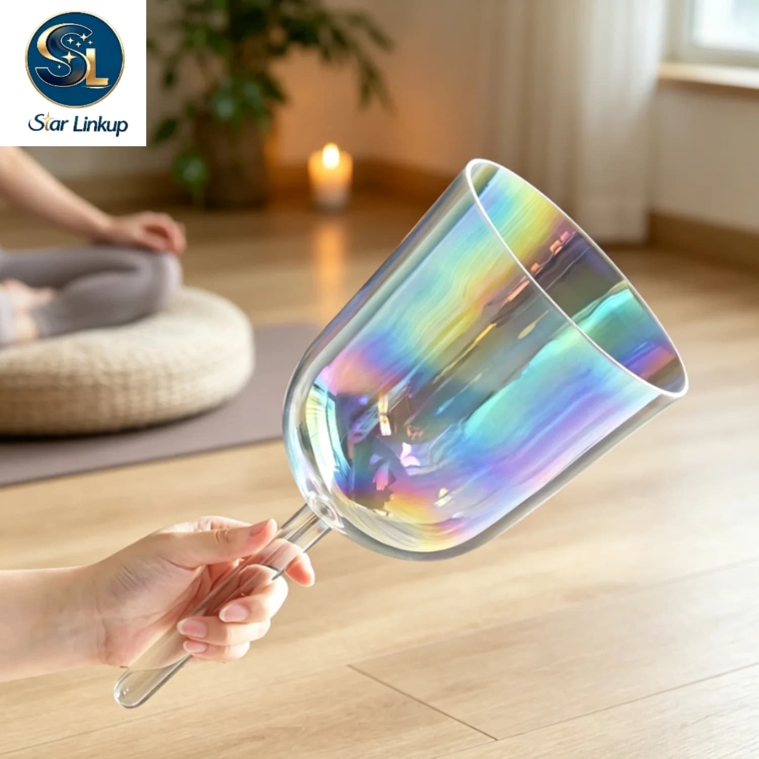 4.5 Inch Cosmic Light Clear Quartz Crystal Singing Bowl with Handle for Stress Relief Sound Healing and Meditation