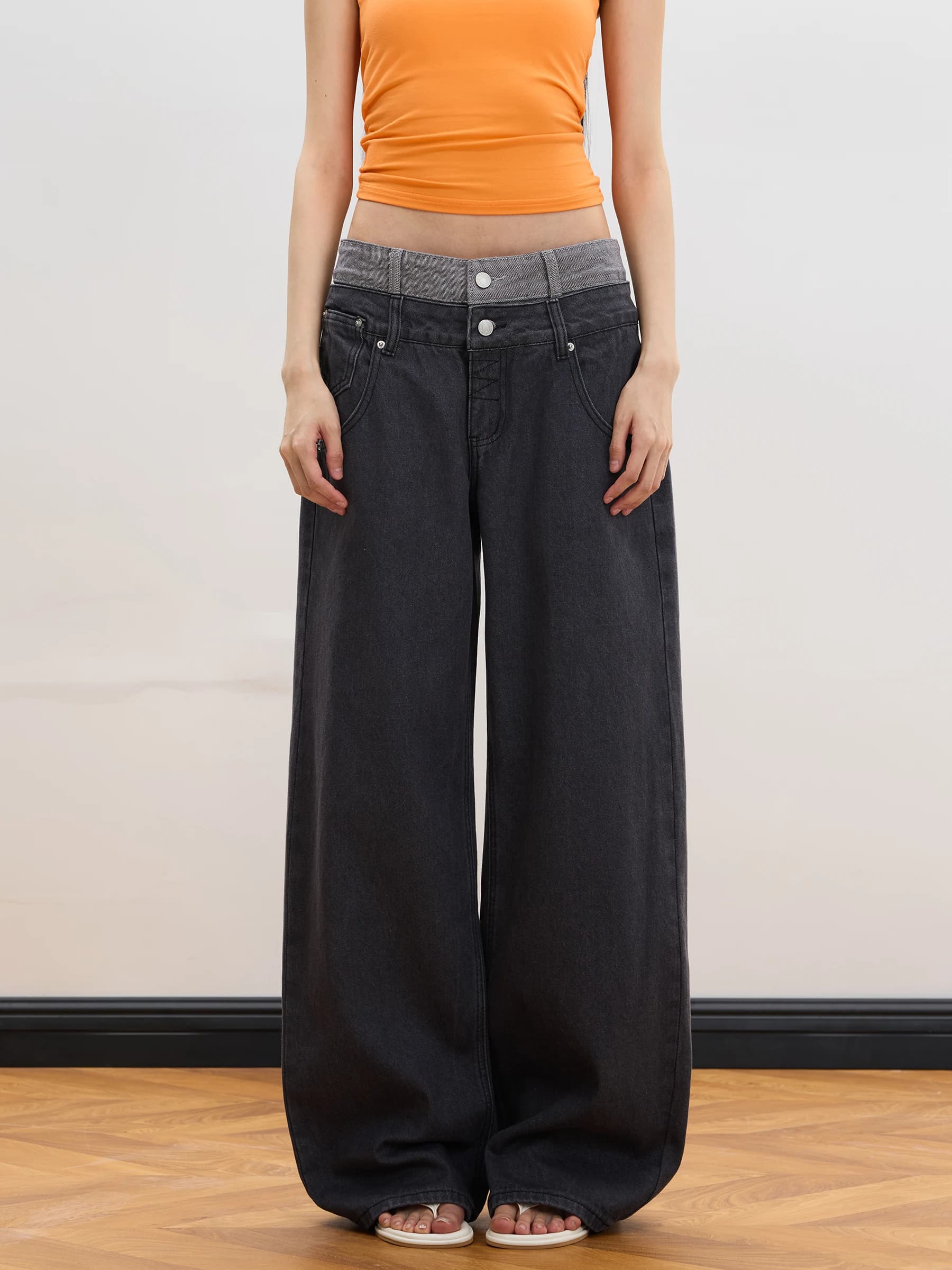 JUNECUT American Style Washed Denim Jeans Retro Trendy Loose Straight Leg Pants Double Waist Hot Girl Fashionable All-Match