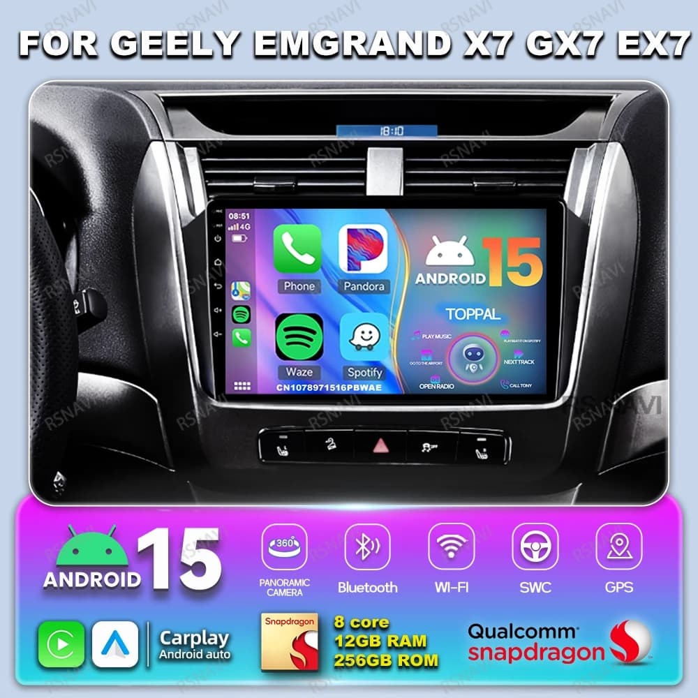 Car Radio Android 14 For Geely Emgrand X7 GX7 EX7 WIFI+4G Wireless Autoradio DVD 360 Camera BT 9/10 Inch Qualcomm Head Unit IPS