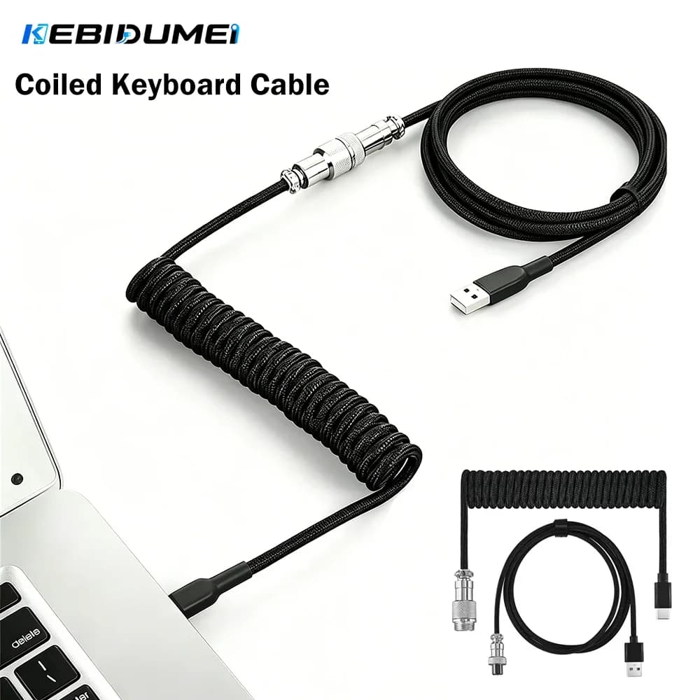 KEBIDUMEI Coiled Keyboard Cable Mechanical Keyboard Cable Detachable Double Sleeved Spring Wire Computer Aviation Connector Cord