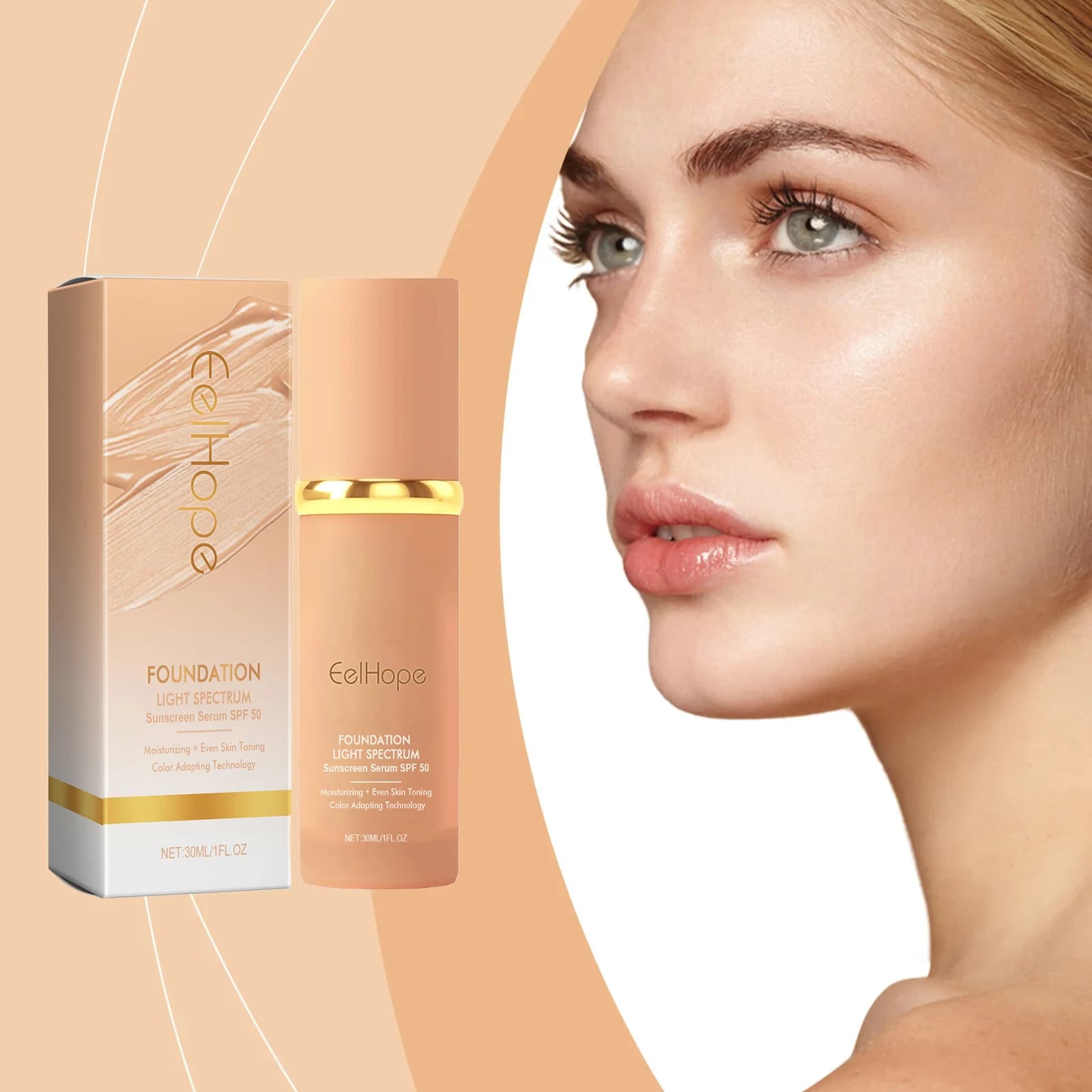 Background that changes SPF 50 color, waterproof, sweat resistant, total coverage, bright spectrum, long life, moisturizing, illuminating, makeup base