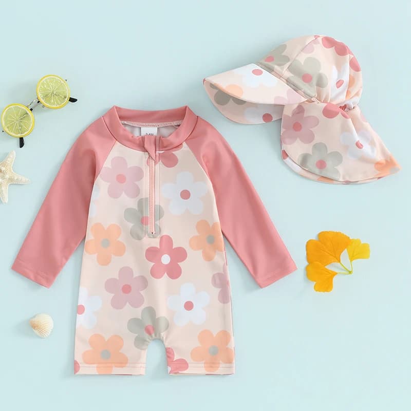 Tregren 0-3 Years Swimwear Rash Guard for Baby with Long Sleeved Swimwear with Floral Print/ Tropical Tree Swimwear Zippered Swimwear