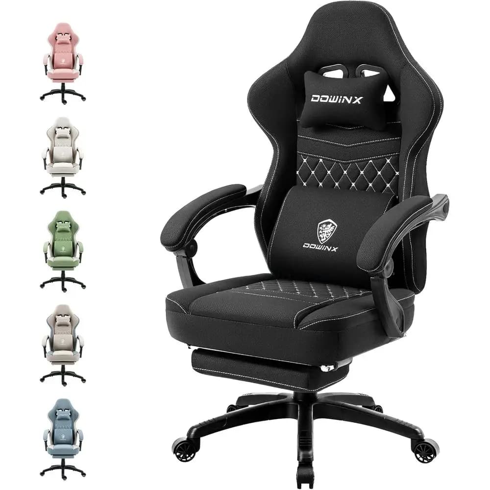 Sedia da Gaming in Tessuto Traspirante con Cuscino in Gel, Borsa Portaoggetti e Poggiapiedi, Sedia Ergonomica per Computer per un Gaming Confortevole, Nera