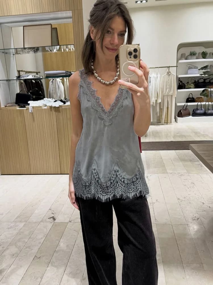 Tossy Canotta con scollo a V stampato in pizzo Gilet patchwork femminile senza maniche Sexy stampato a vita alta Y2k Top Tees Canotte estive da donna