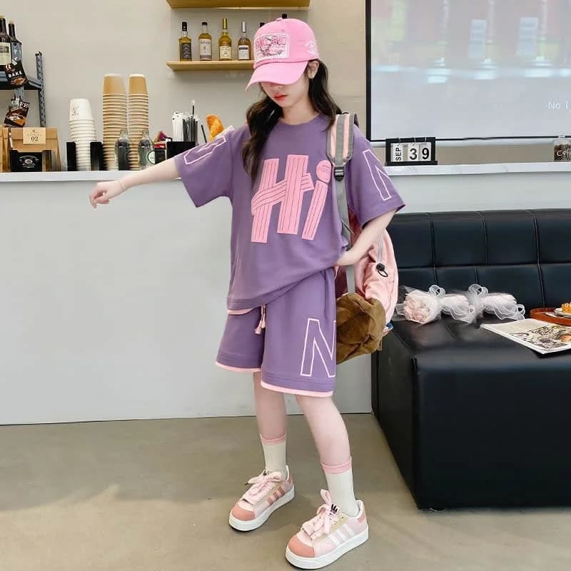 Set Estivi per Bambine con Stampa Lettering, Nuovi Completi con Maglietta a Maniche Corte e Pantaloncini, Outfit Casual 2 Pezzi, Abbigliamento per Bambini 5-14 Anni