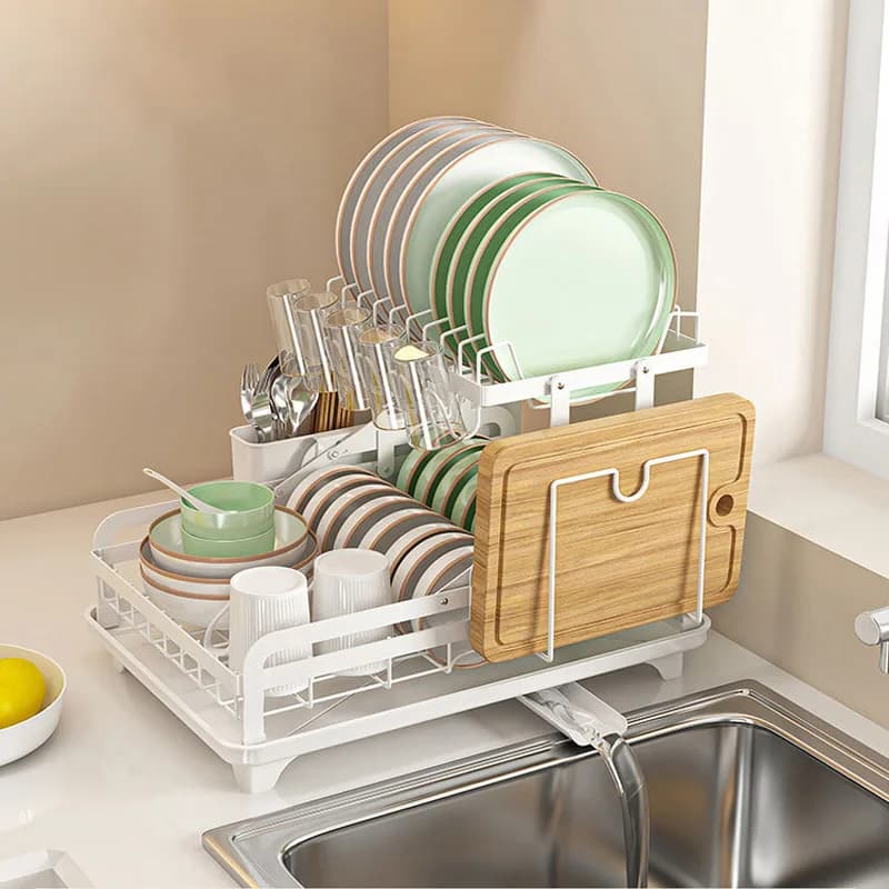 2 livelli Piatto da cucina Ciotola Scolapiatti Cremagliera Pieghevole Coltello Forchetta Tazza d'acqua Pentola Coperchio Rack di stoccaggio Piatto da cucina Controsoffitto Organizzatore